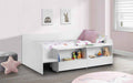 Stella low sleeper bed frame in white with storage shelves and drawers.