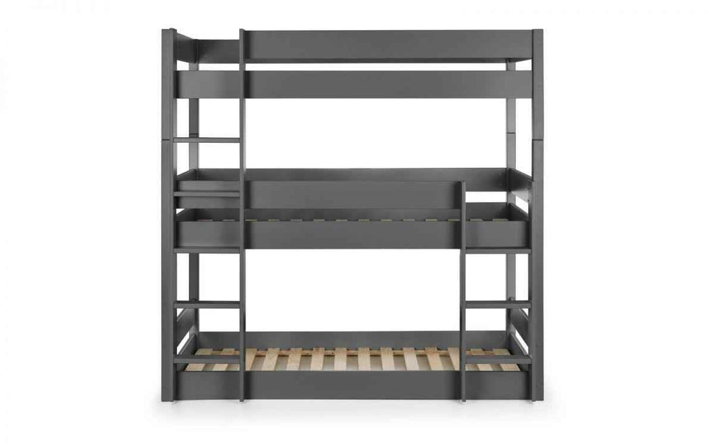 A grey wooden triple bunk bed with ladders on both sides.