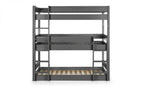 A grey wooden triple bunk bed with ladders on both sides.