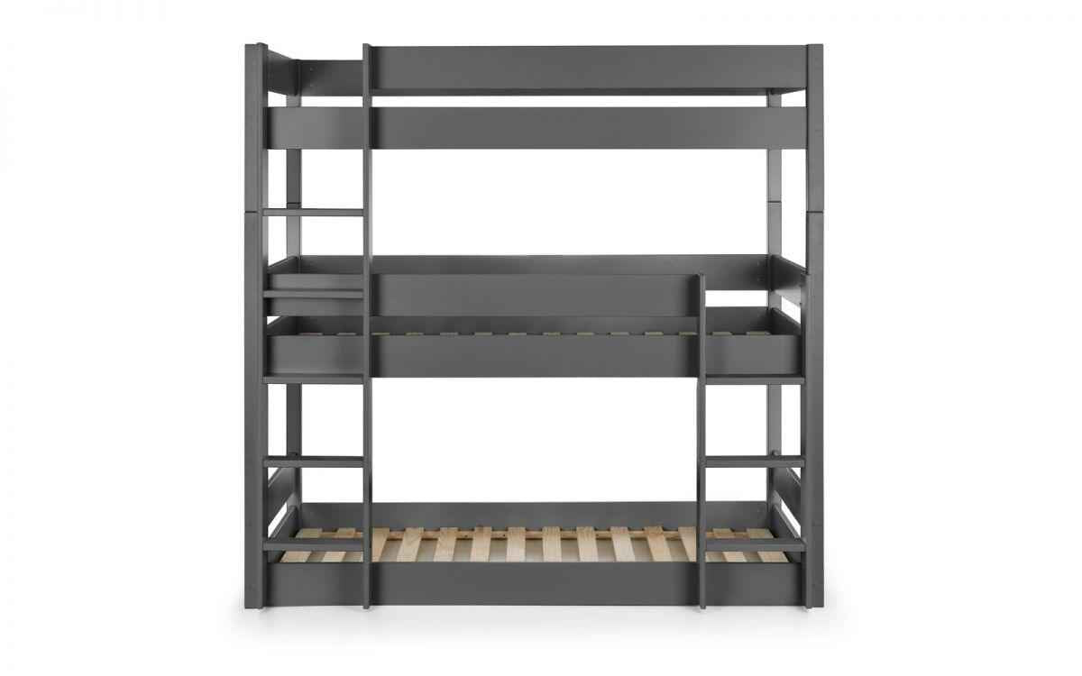 A grey wooden triple bunk bed with ladders on both sides.