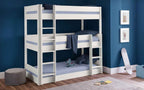 A white wooden triple bunk bed with blue bedding and a ladder.
