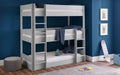 A grey wooden triple bunk bed with white mattresses and blue bedding.
