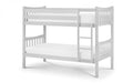 A grey wooden bunk bed with white mattresses and a ladder.